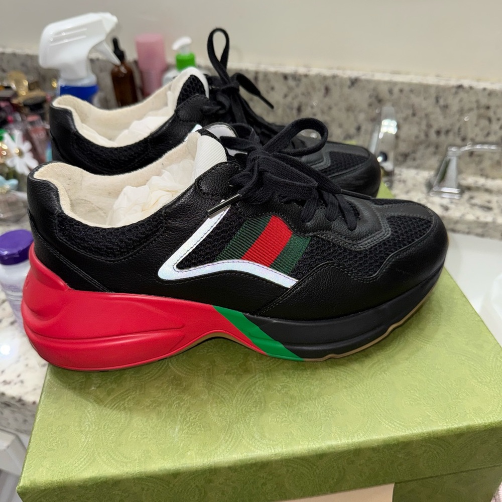 Gucci Rhython Black Sneakers with Vibrant Red and Green Details